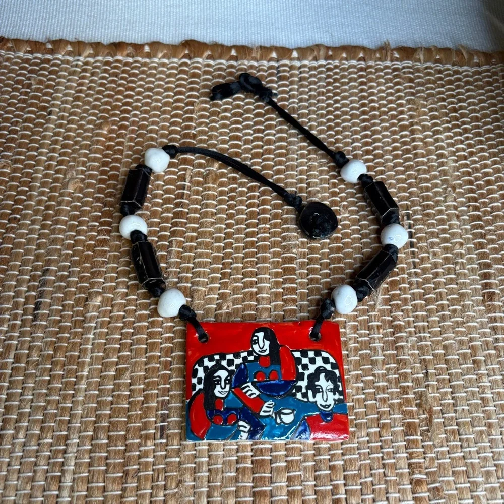 Eclectic Artist Signed Large Rectangular Ceramic Beaded Necklace